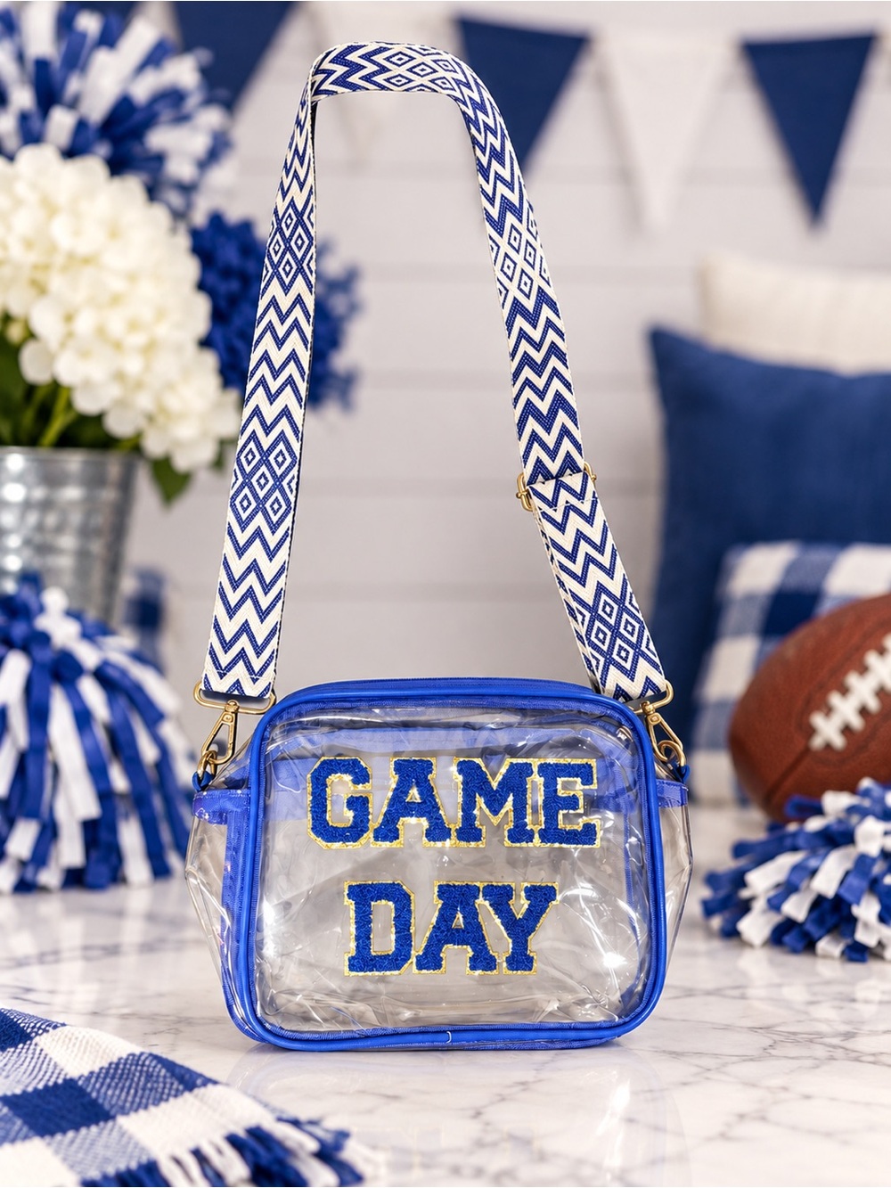 Game Day Clear Crossbody Bag in Blue with Patterned Strap
